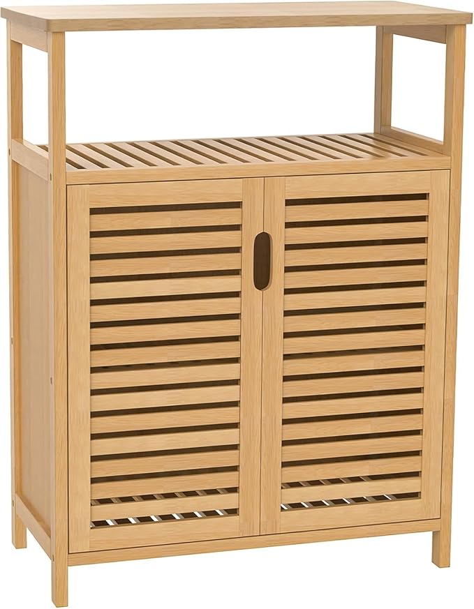 Bamboo Bathroom Storage Cabinet with 2 Doors, Bathroom Floor Freestanding Cabinets Organizer for Living Room, Kitchen, Entryway