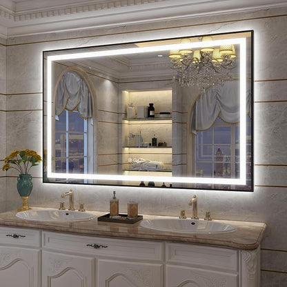 OKPAL Black LED Bathroom Mirror for Wall, 55x36 Frame Lighted Bathroom Mirror, Front and Backlit Lighted Vanity Mirror, Dimmable, Anti-Fog, Shatterproof, ETL Listed, Horizontal/Vertical