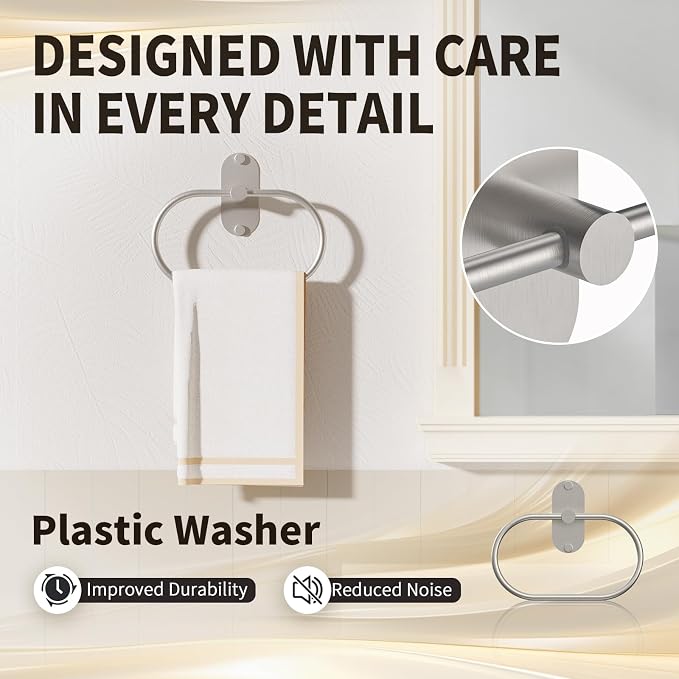 5-Piece Bathroom Hardware Set, Adhesive or Drill Wall Mount, Nickel | Adjustable Towel Bar, Toilet Paper Holder, Towel Ring, 2 Towel Hook, 304 Stainless Steel Bathroom Accessories Set