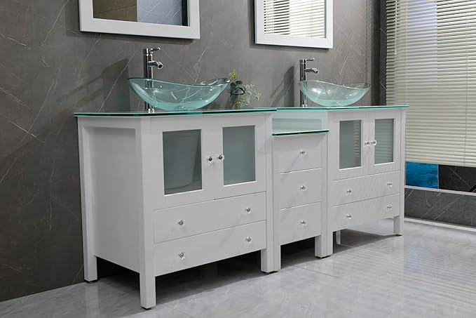 76" Freestanding Wooden Modern Bathroom Vanity with Double Vessel Sink Set Bathroom Mirror Included (Clear Sink White)