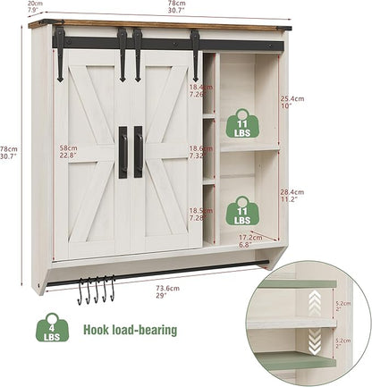 Farmhouse Medicine Cabinet 2 Sliding Barn Doors 3 Tier Rustic Wood Wall Storage Cabinet Adjustable Shelf Towel Bar Wall Mounted Bathroom Wall Cabinet (Antique White, 30.71 Inch)
