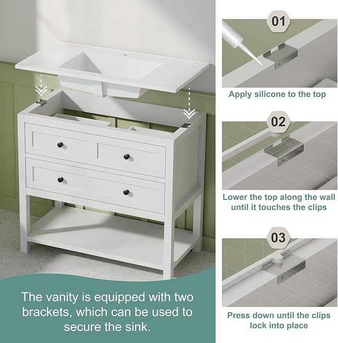 36 Inch Bathroom Vanity with Sink, White | Farmhouse Storage Cabinet with SMC Integrated Sink, Drawers & Open Storage Shelf, Easy Assembly, Adjustable Feet