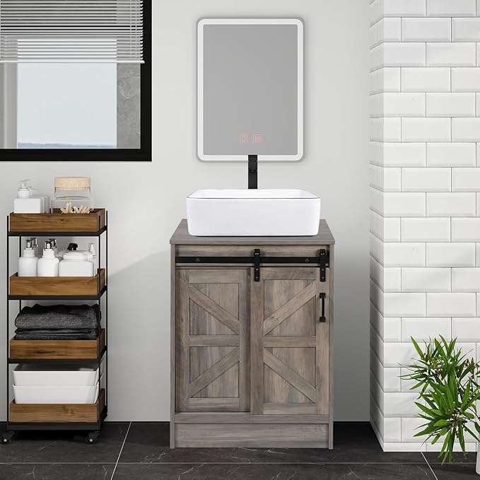 24" Farmhouse Bathroom Vanity with Sink, Bathroom Storage Cabinet with Sliding Barn Doors & Metal Handle, Freestanding Vanity with White Ceramic Rectangle Vessel Sink Combo Set