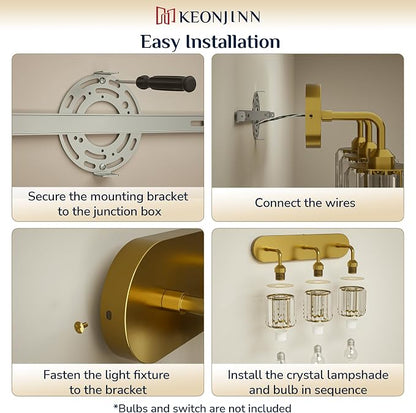 Keonjinn 3-Light Gold Bathroom Light Fixtures Over Mirror, Crystal | Vanity Lighting Fixture with Square Shades, Dimmable, Vintage Style, Compatible with E26 Base LED Bulbs (Blub Not Included)