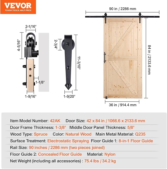 VEVOR 42in x 84in Sliding Barn Door with 7ft Barn Door Hardware Kit Included & Handle, Water-Proof Solid Wood, Easy Assembly, for Interior Rooms & Storage Closet, K-Frame, DIY, Stainable, Natural