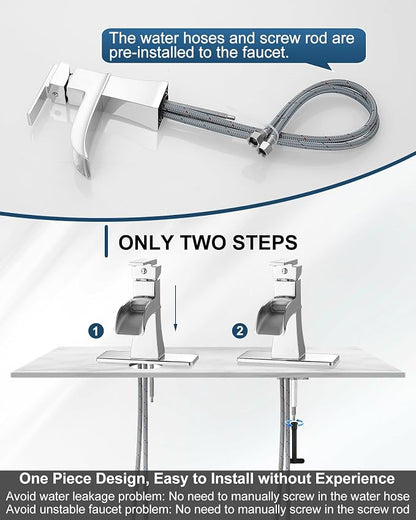 Waterfall Chrome Bathroom Faucet, Brass 4 Inch Bathroom Faucets One Hole or 3 Hole, Single Handle with PP Drain, Deck Plate, Hot and Cold Supply Hoses for RV Lavatory Restroom, 5 Mins Install
