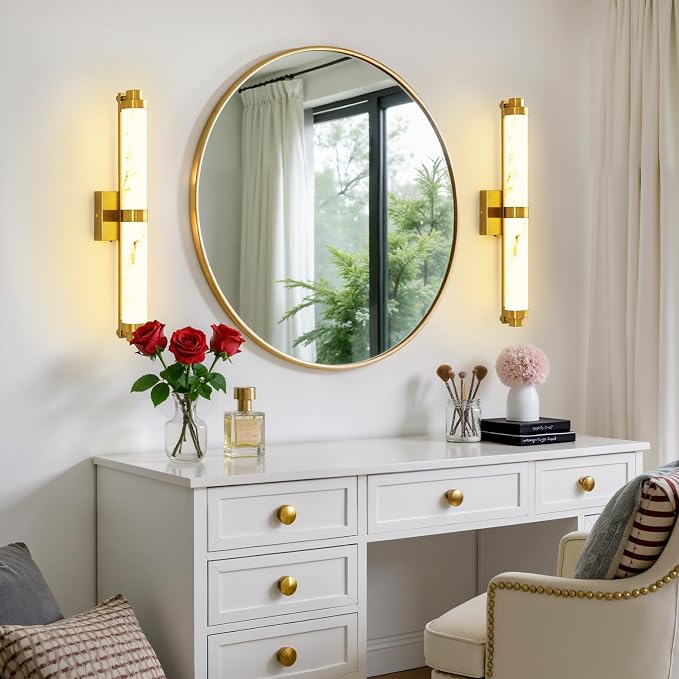 23.6" Modern Wall Sconce, 5CCT Dimmable LED Bathroom Vanity Light, Brushed Gold Wall Light with Resin Shade, 20W Hardwired Vanity Lighting for Bedroom, Living Room, Hallway
