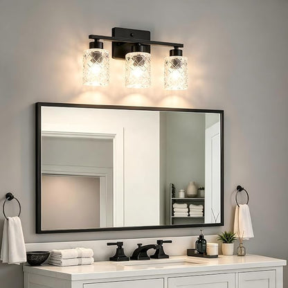 3-Light Bathroom Light Fixtures, Black Vanity Lights Over Mirror | Wall Sconces with Clear Textured Glass Shades for Living Room Bedroom Hallway,E26 Base (Bulbs Not Included)