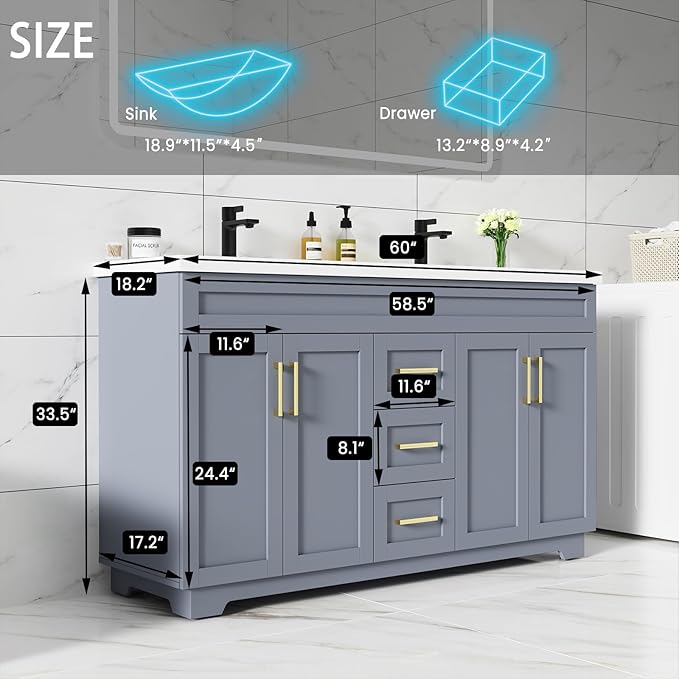 60 Inch Bathroom Vanity with Sink,Modern Solid Wood Bathroom Storage Vanity w/Undermount Double Sink, Quick Assemble Cabinet w/Soft Closing Doors & Full Extension Drawers,Grey
