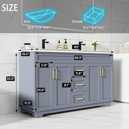 60 Inch Bathroom Vanity with Sink,Modern Solid Wood Bathroom Storage Vanity w/Undermount Double Sink, Quick Assemble Cabinet w/Soft Closing Doors & Full Extension Drawers,Grey