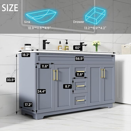 60 Inch Bathroom Vanity with Sink,Modern Solid Wood Bathroom Storage Vanity w/Undermount Double Sink, Quick Assemble Cabinet w/Soft Closing Doors & Full Extension Drawers,Grey