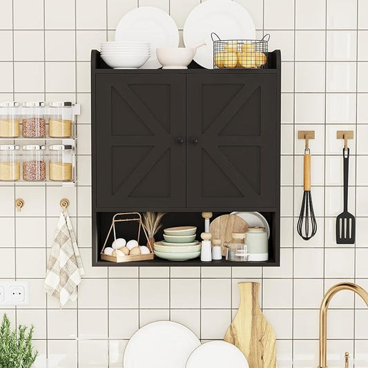 EasyCom 22" W x 26" H Bathroom Wall Cabinet, Farmhouse Medicine Cabinet with Adjustable Shelves and Double Barn Doors, Over The Toilet Storage Cabinet for Bathroom, Kitchen, Living Room, Black