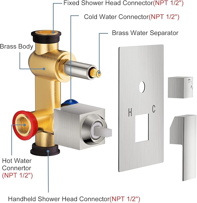 JOMEOO® 12 Inch Brushed Nickel Shower System, Wall Mounted High Pressure Rain Shower Head with Handheld Sprayer, Bathroom Luxury Rainfull Shower Head Shower Faucet Set Rough in Valve Body and Trim
