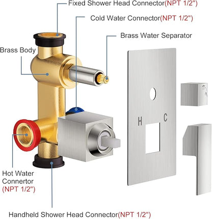 JOMEOO® 12 Inch Brushed Nickel Shower System, Wall Mounted High Pressure Rain Shower Head with Handheld Sprayer, Bathroom Luxury Rainfull Shower Head Shower Faucet Set Rough in Valve Body and Trim