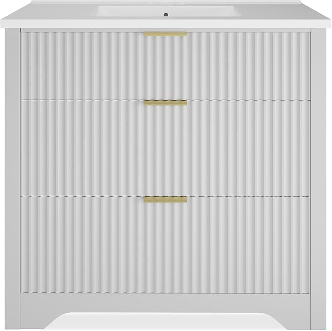 IDEALHOUSE 36" White Fluted Bathroom Vanity with Sink, Farmhouse Freestanding Bathroom Sink Cabinet with 2 Drawers & 1 Flip-Down Drawer, Easy Assembly & Cleaning