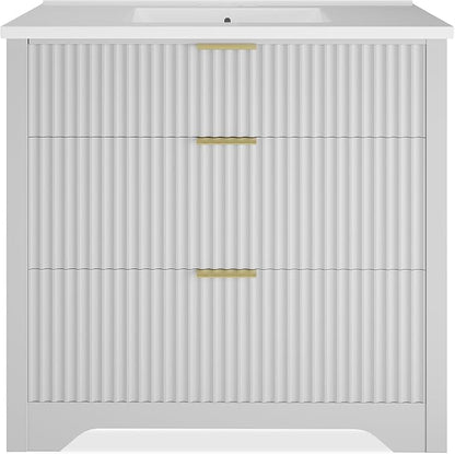 IDEALHOUSE 36" White Fluted Bathroom Vanity with Sink, Farmhouse Freestanding Bathroom Sink Cabinet with 2 Drawers & 1 Flip-Down Drawer, Easy Assembly & Cleaning