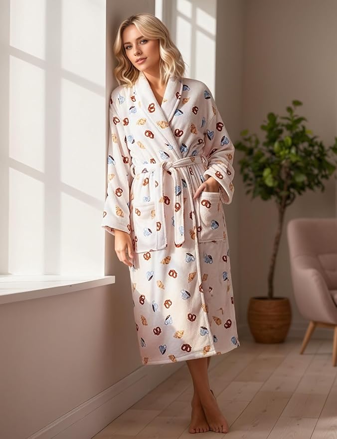 Women Fleece Fruit Print Robe Cute Robes for Women Spring Summer Lightweight Bathrobe Soft Flannel Gown with Belt