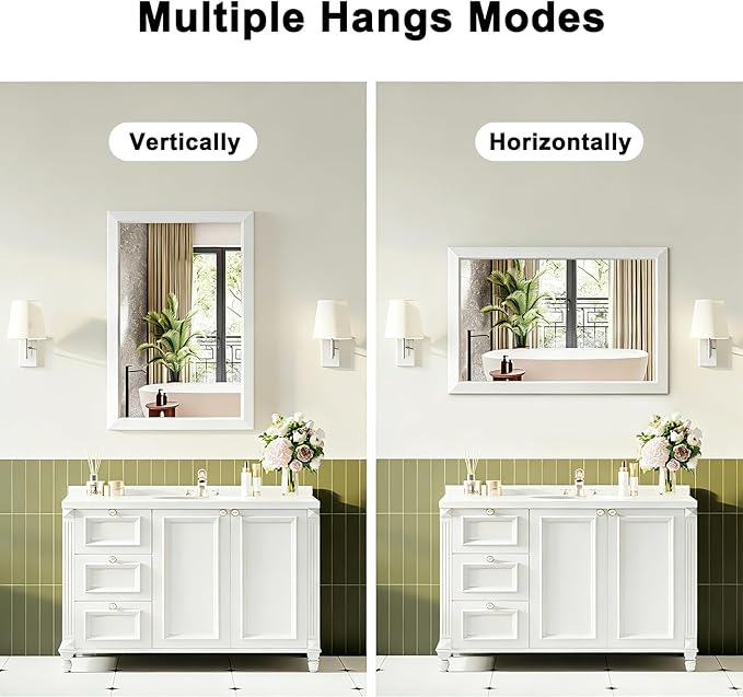 Bathroom Mirror for Over Sink,22x30Inch White Thick Anti-Rust Metal Frame, Rectangle Decorative Wall Mirror with HD Tempered Glass, Horizontal or Vertical Mount for Vanity, Bathroom,Living Room