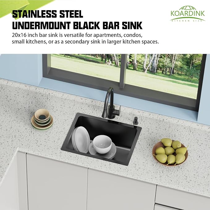Black 20x16 In Kitchen And Bar Sink- Stainless Steel Undermount Kitchen Sink Modern Single Bowl Drop In Bar Sink With Silicon Mat,Drain Strainer Set Compatibility With Various Kitchen & Bar Style