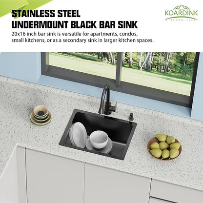 Black 20x16 In Kitchen And Bar Sink- Stainless Steel Undermount Kitchen Sink Modern Single Bowl Drop In Bar Sink With Silicon Mat,Drain Strainer Set Compatibility With Various Kitchen & Bar Style