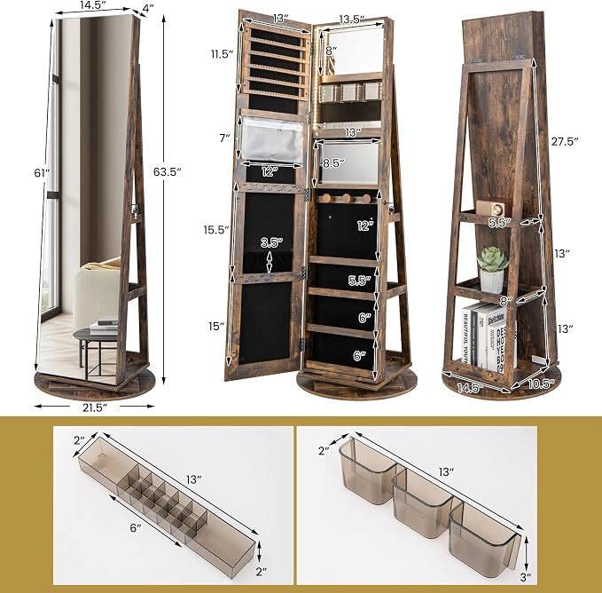MAT EXPERT 360° Rotating Jewelry Armoire, Lockable Freestanding Jewelry Organizer w/Full-length Mirror, 3-Color LED Lights, Rear Storage Shelves, Mirror Jewelry Cabinet for Bedroom (Brown)
