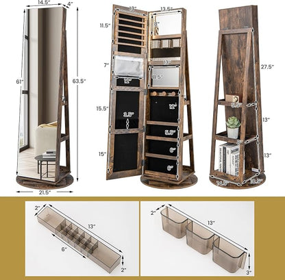 MAT EXPERT 360° Rotating Jewelry Armoire, Lockable Freestanding Jewelry Organizer w/Full-length Mirror, 3-Color LED Lights, Rear Storage Shelves, Mirror Jewelry Cabinet for Bedroom (Brown)