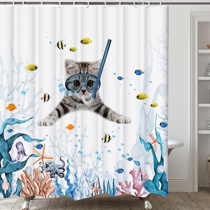 Funny Cat Shower Curtain,Cute Cat Teal Blue Sea OceanShower Curtain Set,Underwater Animal Fabric Shower Curtains for Bathroom with Hooks 72X72inches