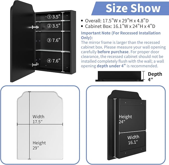 AGDULL Victorian Medicine Cabinet with Arched Mirror, Overall 17.5"W x 29"H | Recessed or Surface Mount, 16.1"W x 24"H Wood Black Cabinet with 17.5"W x 29"H Arched Mirror, Left-Swing Door, Soft-Close