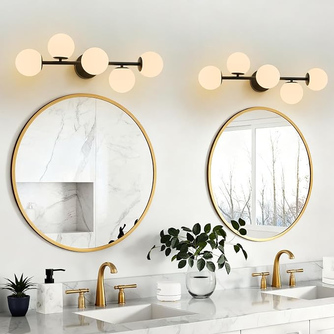 Modern Bathroom Vanity Light Fixtures,LED Matte Black Wall Sconce Lighting | 5 Lights Milk Glass Globe Vanity Light, Makeup Bathroom Vanity Lights,Dimmable Brass Mid Century Wall Sconces over Mirror