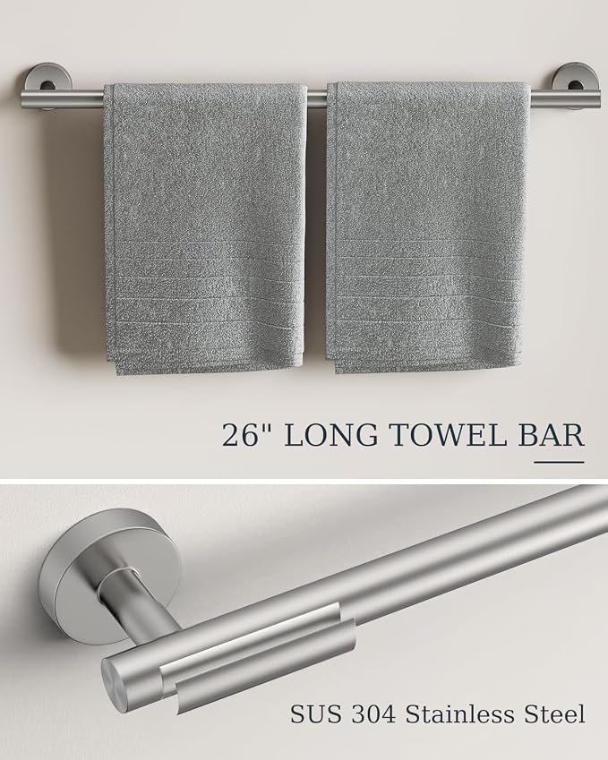 Brushed Nickel Bathroom Accessories Set SUS304 Stainless Steel 5 Pieces | Evolvegoods Bathroom Hardware Set, 26 Inch Bath Towel Bar Set, 2 Towel Hooks, Toilet Paper Holder, Towel Racks for Bathroom