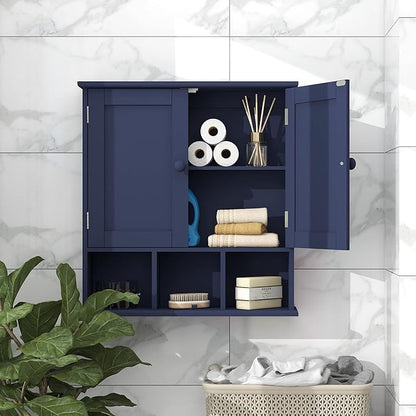 TaoHFE Blue Bathroom Over The Toilet Storage Cabinet,Wall Medicine Cabinet Organizer with 2 Door Adjustable Shelves,Wooden Modern Bathroom Shelves Wall Mounted Laundry Room