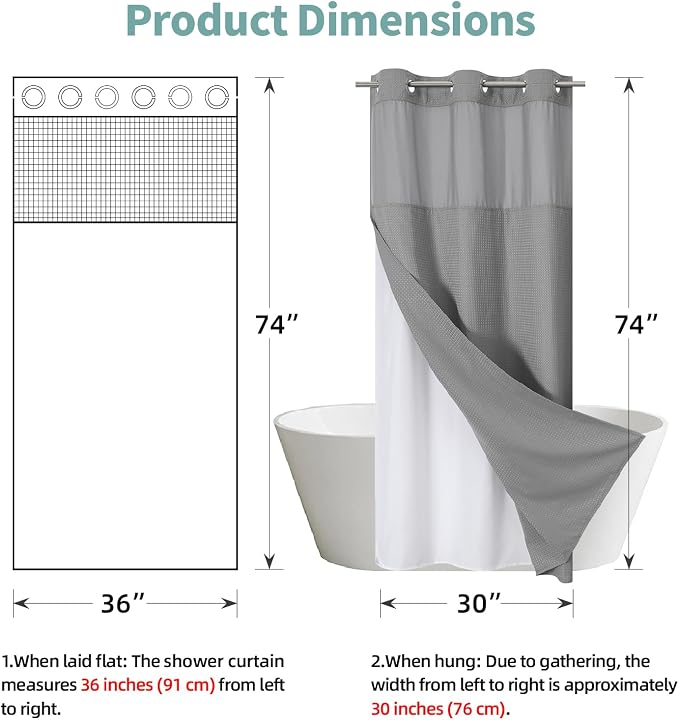 eachope No Hook Waffle Shower Curtain with Snap-in Liner, 36x74 Inch, Grey | 230GSM waffle weave fabric, waterproof liner set with 2 bottom magnets, mesh window, washable, for shower stalls or bathrooms