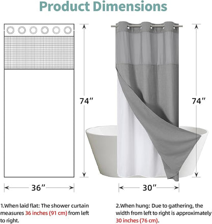 eachope No Hook Waffle Shower Curtain with Snap-in Liner, 36x74 Inch, Grey | 230GSM waffle weave fabric, waterproof liner set with 2 bottom magnets, mesh window, washable, for shower stalls or bathrooms