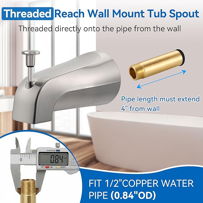 Dreyoo 5 1/4 Inch Bathroom Tub Spout Compatible with Westbrass E531D-1F-62, Fits Wall Front Mount Tub Spout with Shower Diverter 1/2'' IPS Inside Thread Bathtub Faucet(Brushed Nickel)