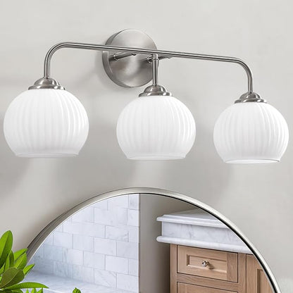 RUIYEY Bathroom Vanity Light Fixtures: 3-Lights Bathroom Lighting Fixtures Over Mirror, Brushed Nickel Vintage Wall Lights with Milky White Frosted Glass Shade for Bath Bedroom