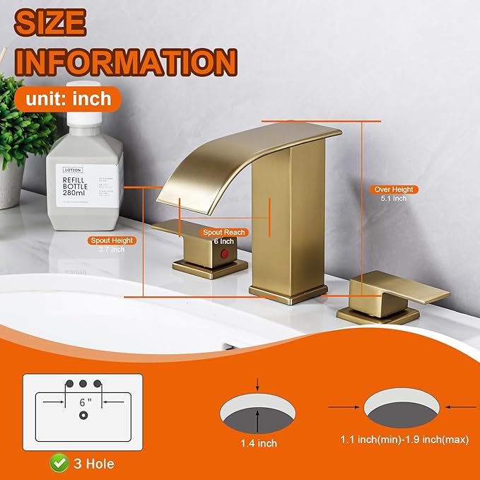 Bathroom Faucet 3 Hole, Brushed Gold Waterfall Bathroom Faucets, 8 Inch Widespread Modern Bathroom Sink Faucet & Parts, Wide Spread Touch On Three Hole 2 Handle Bath Vanity Faucet Mixer