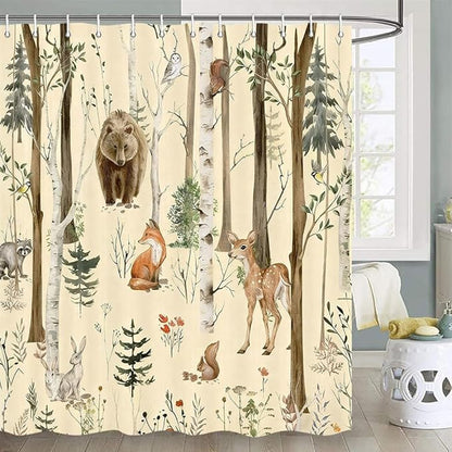JAWO Rustic Forest Shower Curtains, Lodge Cabin Woodsy RV Shower Curtain, Wildlife Animals Woodland Campers Camping Bathroom Set with Hooks, 72X75 Inch, Yellow
