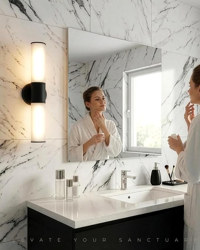 2-Light Bathroom Vanity Lighting Fixture, Black Wall Sconce with Opal White Glass, E26 Stocket Indoor Wall Lamp, Modern Mirror Light