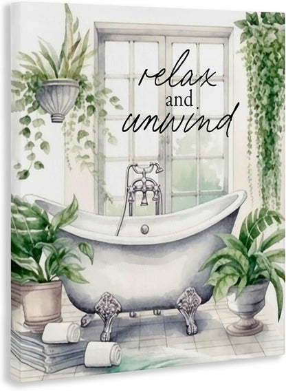 Relax Unwind Bath Foliage Bath, 24 x 30 Inch Canvas Wall Art | Stupell Industries · By Lettered and Lined · Ready to hang · Calm bathroom and bedroom accent · Made in USA