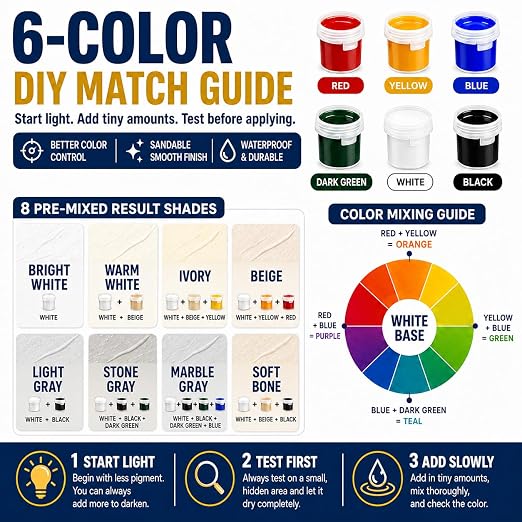 6-Color Tile Repair Kit for Porcelain Sink: DIY Fix - Match 90% Shades | Solve ugly patches – 6-color blend matches 90% shades, invisible. Waterproof, heat-proof.