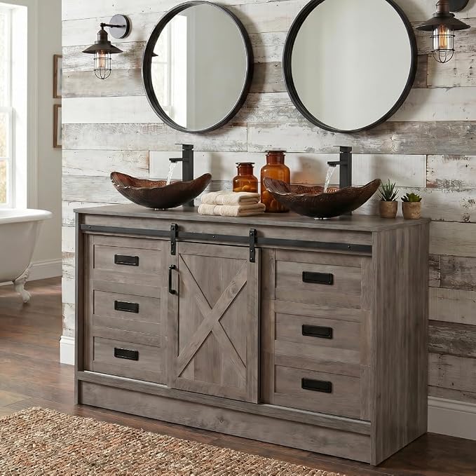 48" Barn Door Bathroom Vanity with 6 Drawers, Farmhouse Style Standing Pedestal Cabinet with Two Brown Leaf Vessel Sinks