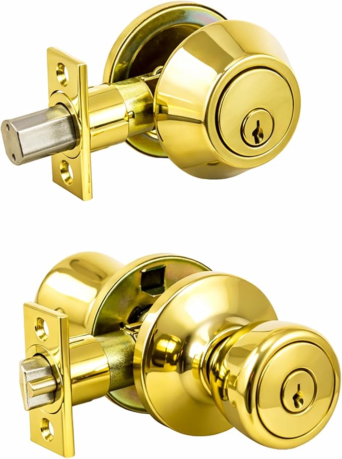 Design House 728329 Terrace 6-Way Universal Entry Door Knob and Single Cylinder Deadbolt Polished Brass
