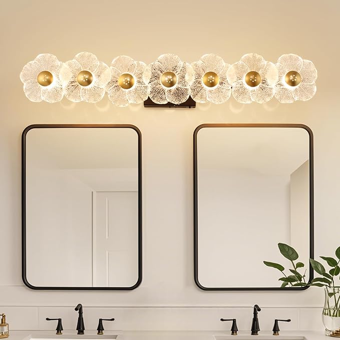MantoLite Bathroom Light Fixtures Modern Vanity Light Over Mirror Adjustable 3000K-6000K Picture Lights Art Light with Floral Clear Glass Shades for Living Room Bedroom Wall Sconces (7 Light Black)