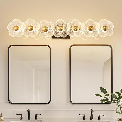 MantoLite Bathroom Light Fixtures Modern Vanity Light Over Mirror Adjustable 3000K-6000K Picture Lights Art Light with Floral Clear Glass Shades for Living Room Bedroom Wall Sconces (7 Light Black)
