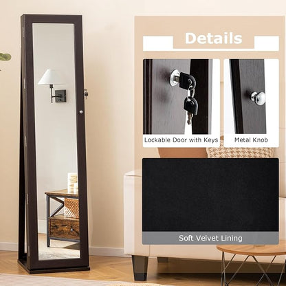 CHARMAID Jewelry Armoire Cabinet with 62" Tall Full Length Mirror, 2-in-1 Lockable Standing Jewelry Organizer with Large Storage Capacity, Inside Makeup Mirror, Stable Base, Easy Assembly (Espresso)
