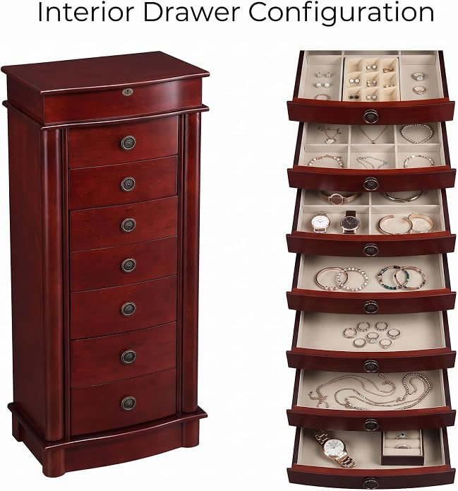 Hives and Honey Noelle Standing Jewelry Armoire, Locking Organizer with Mirror, 7 Drawers, Side Doors, Necklace Hooks, Ring Rolls, Jewelry Box for Earrings, Bracelets, and More
