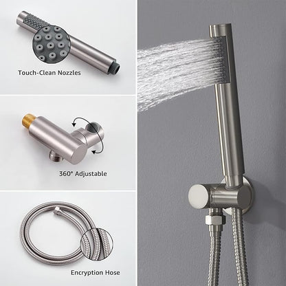 Iriber Brushed Nickel Shower System Wall Mounted Shower Faucet Mixer Set with 12 Inches Rain Shower head and Handheld, Bathroom Shower Trim Kit Contain Pressure Balance Valve