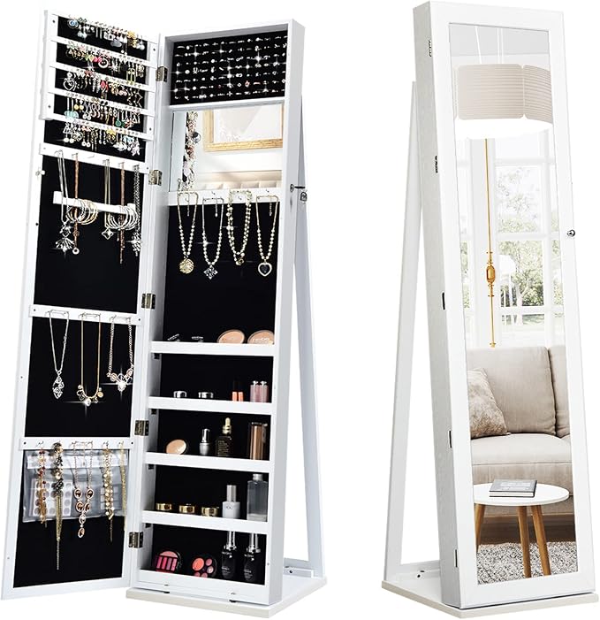 CHARMAID Standing Jewelry Armoire with Tall Full Length Mirror, 2-in-1 Lockable Jewelry Cabinet Organizer with Large Storage Capacity, Inside Makeup Mirror, Stable Base, Easy Assembly (White)