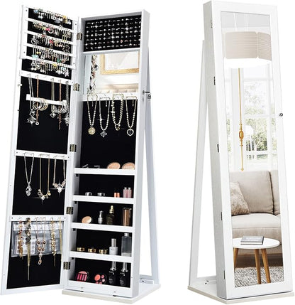 CHARMAID Standing Jewelry Armoire with Tall Full Length Mirror, 2-in-1 Lockable Jewelry Cabinet Organizer with Large Storage Capacity, Inside Makeup Mirror, Stable Base, Easy Assembly (White)
