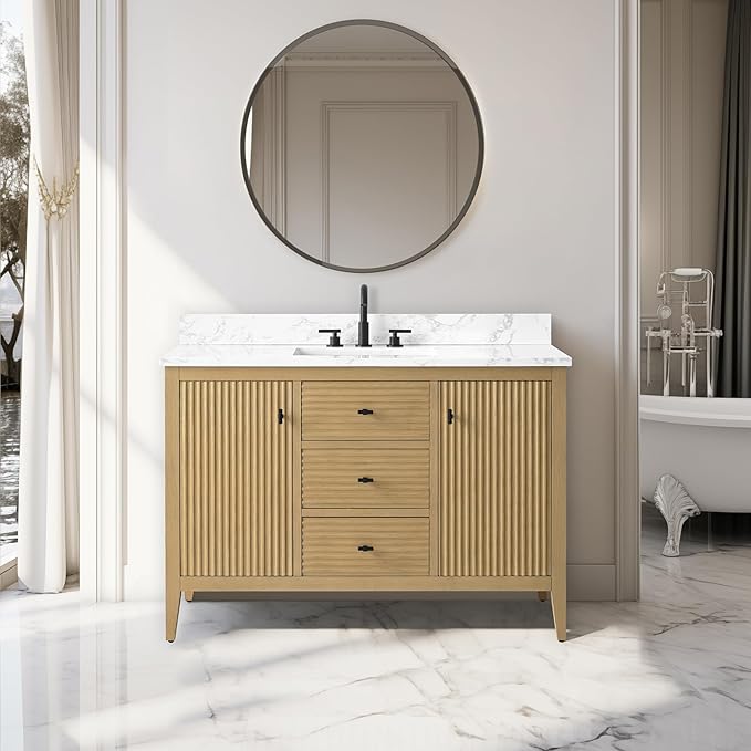 Vanity Art 48 inch Oak Bathroom Vanity with Single Sink & Ceramic Top, Vanity Cabinet with Soft-Closing Door, Solid Wood Frame, Linear Pattern, Natural Oak, VA9148-NO-MB,Matte Black Handles